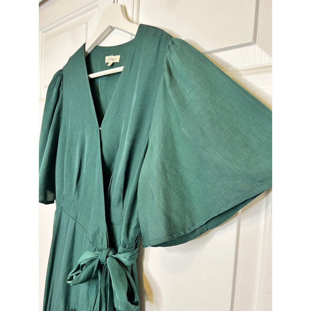 In Loom Wrap Dress Medium Green Ruffle Flutter High Low - Picture 2 of 6